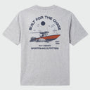 A heather gray short-sleeve t-shirt shown from the back, featuring a graphic print of a center console boat and the text 'BUILT FOR THE CHASE' and 'GUY HARVEY SPORTFISHING OUTFITTERS'.