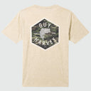 Flat lay image of a Guy Harvey Threadcycle t-shirt with a bass camo badge design on the back.