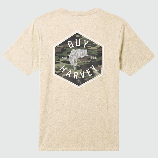 Flat lay image of a Guy Harvey Threadcycle t-shirt with a bass camo badge design on the back.
