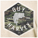 Camouflage logo with bass fish illustration and 'Guy Harvey' text on a beige background