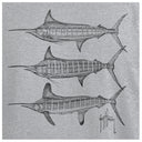 A black and white ink drawing of three marlin fish shown vertically, with a signature reading 'GUY HARVEY' in the lower right, on a light gray textured background.