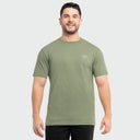 A male wearing an olive green Guy Harvey Threadcycled T-Shirt with a freshwater graphic
