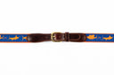 Guy Harvey men's Three Billfish leather tab belt with royal blue needlepoint billfish silhouettes and brass buckle.