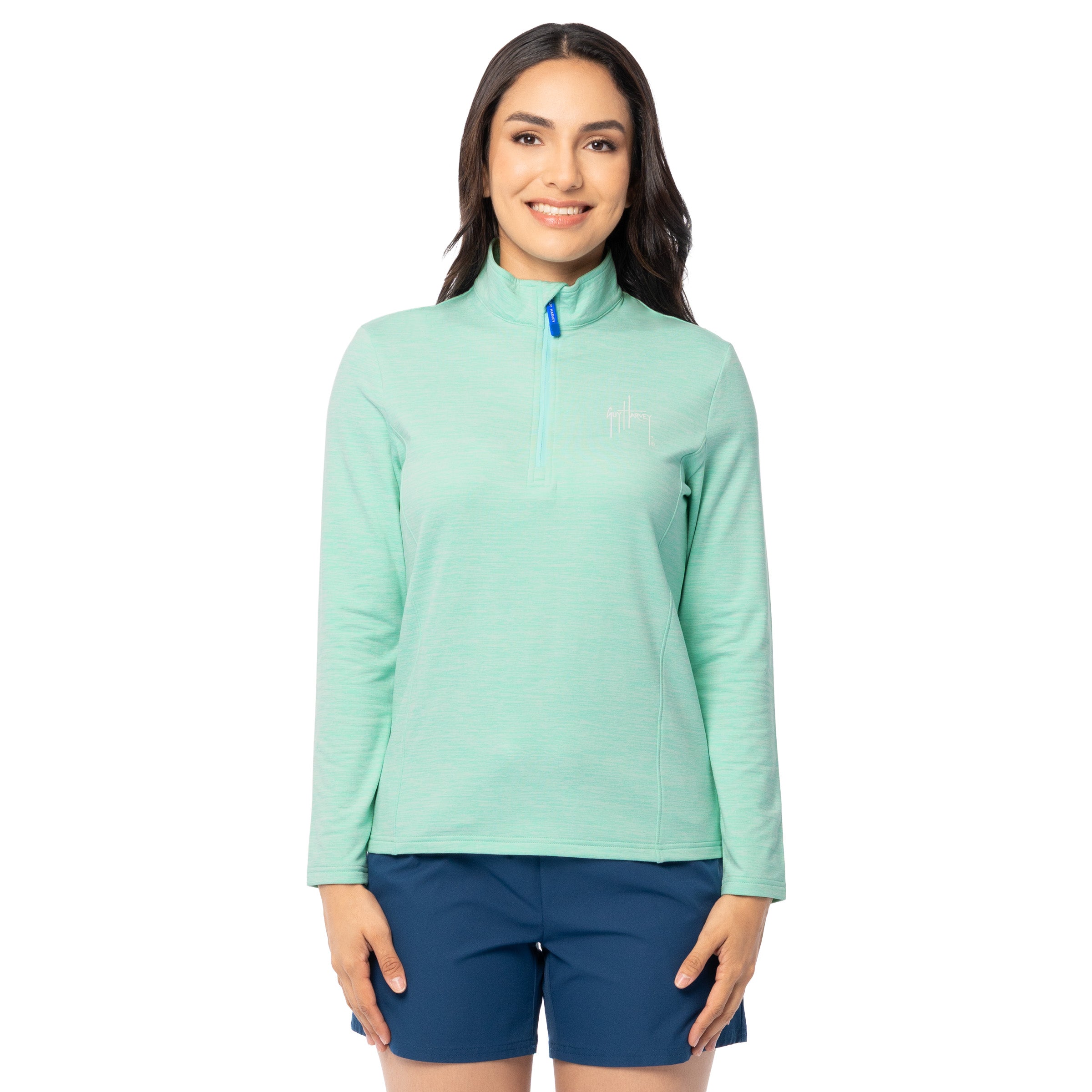 Front view of woman wearing Guy Harvey Women’s Green Fleece Quarter Zip Pullover