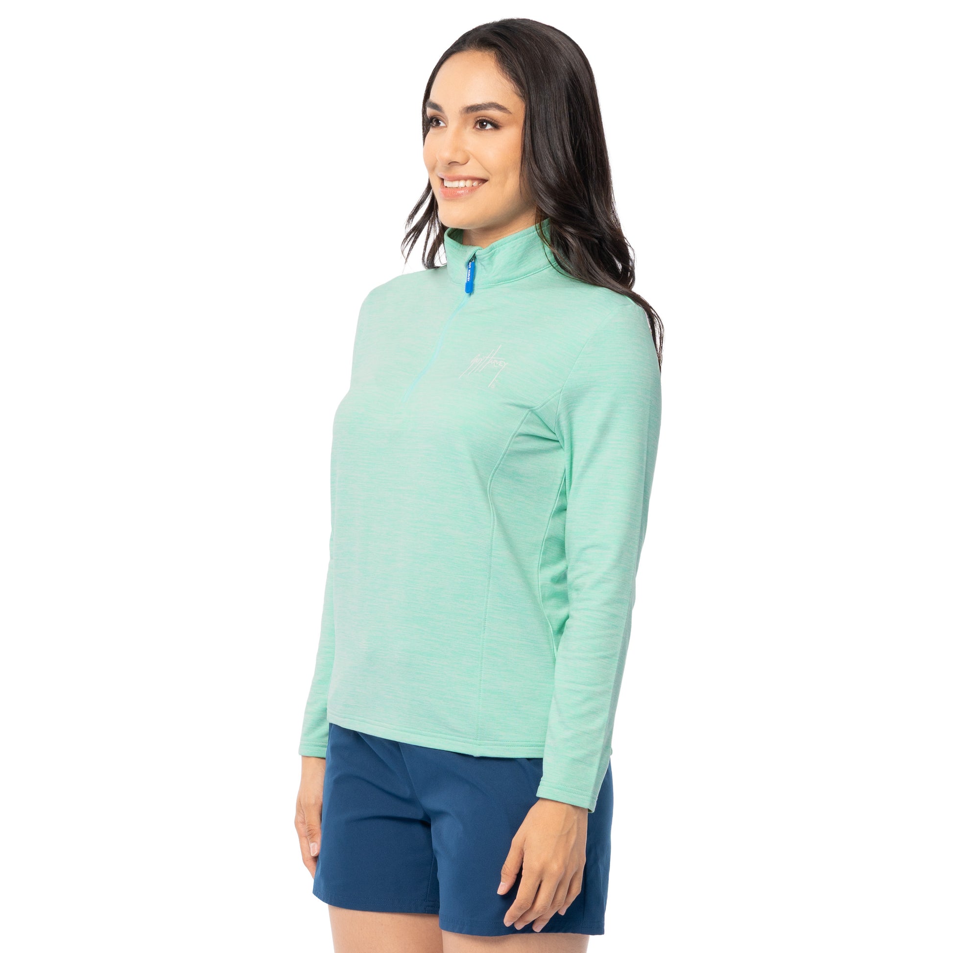 Side profile of pullover showing fit and collar design