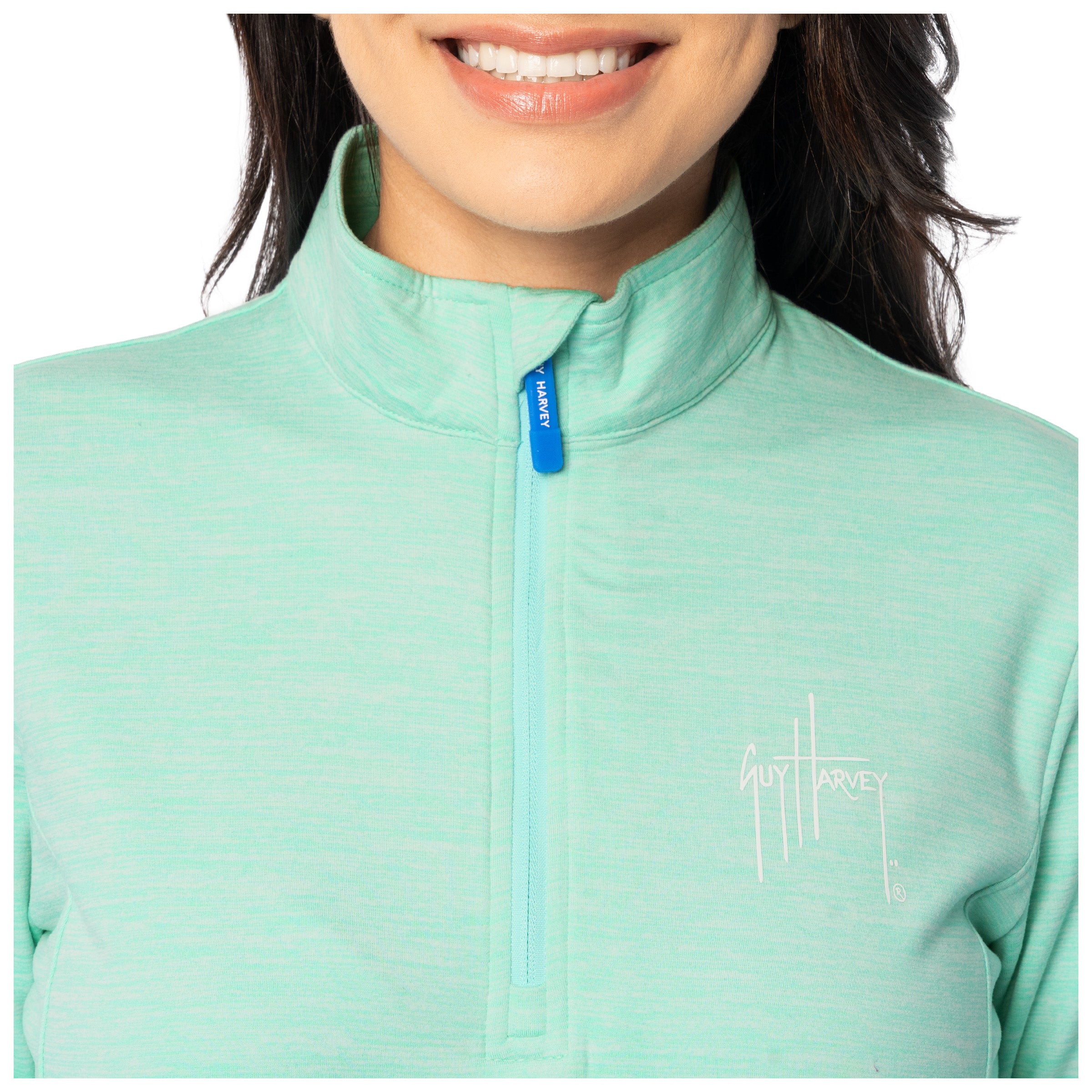 Close-up of collar and zipper with Guy Harvey logo detail