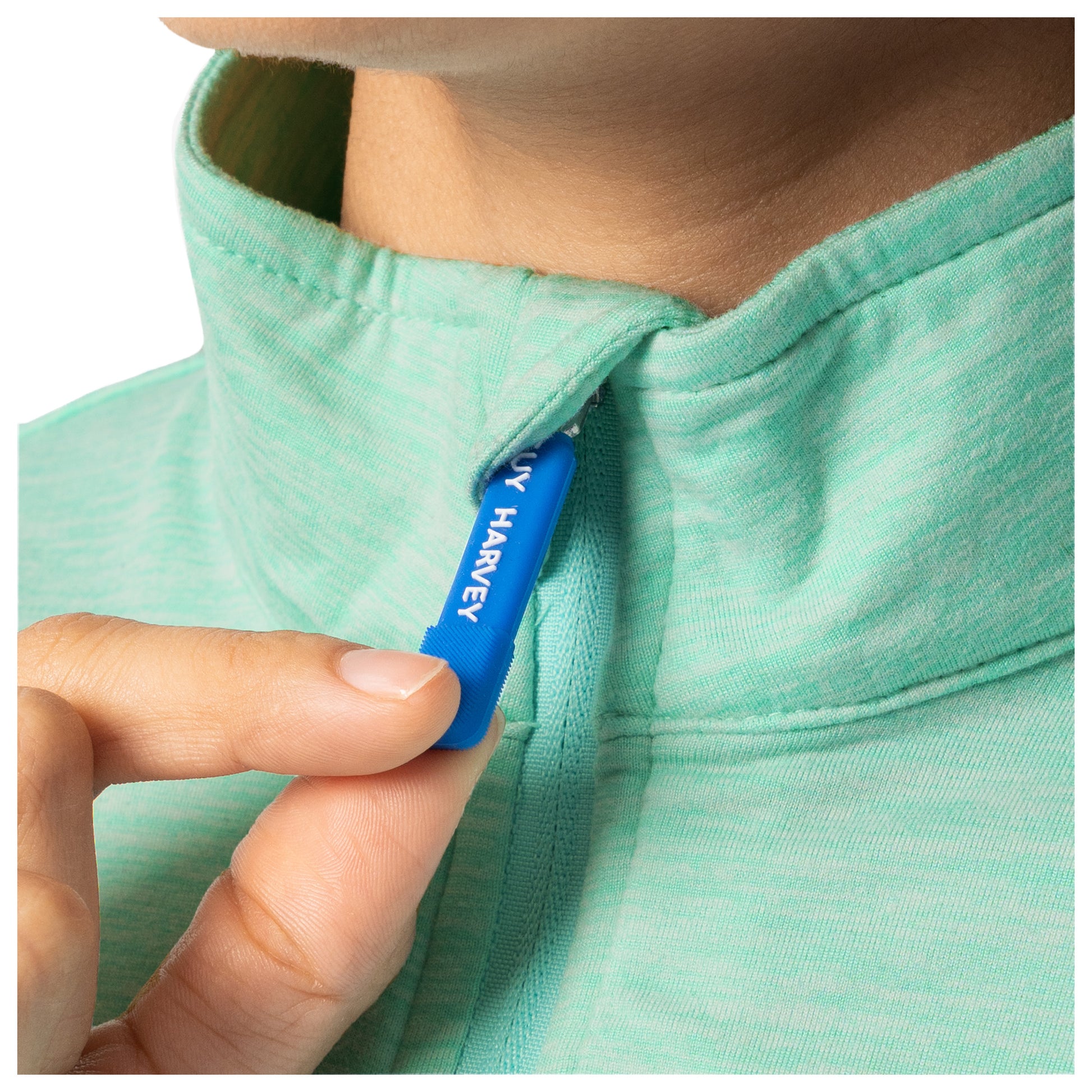 Detail of zipper pull with Guy Harvey branding