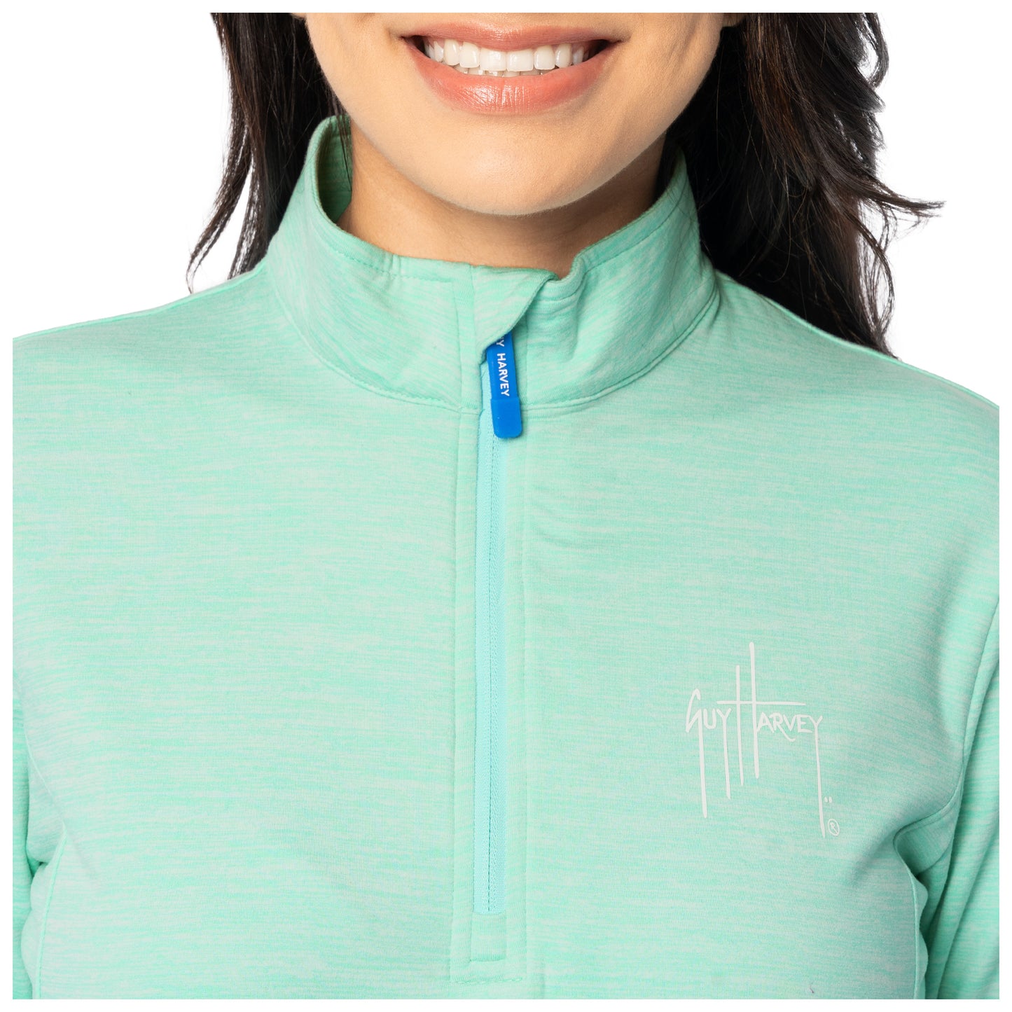 Close-up of collar and zipper with Guy Harvey logo detail