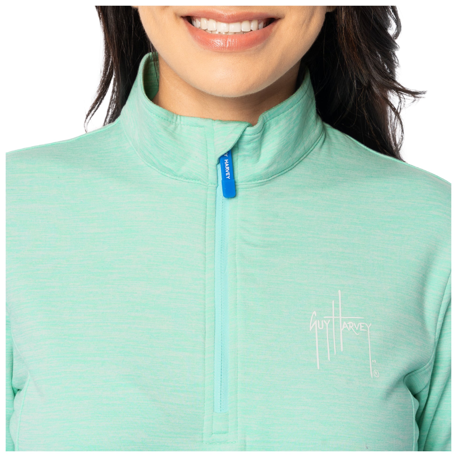 Close-up of collar and zipper with Guy Harvey logo detail