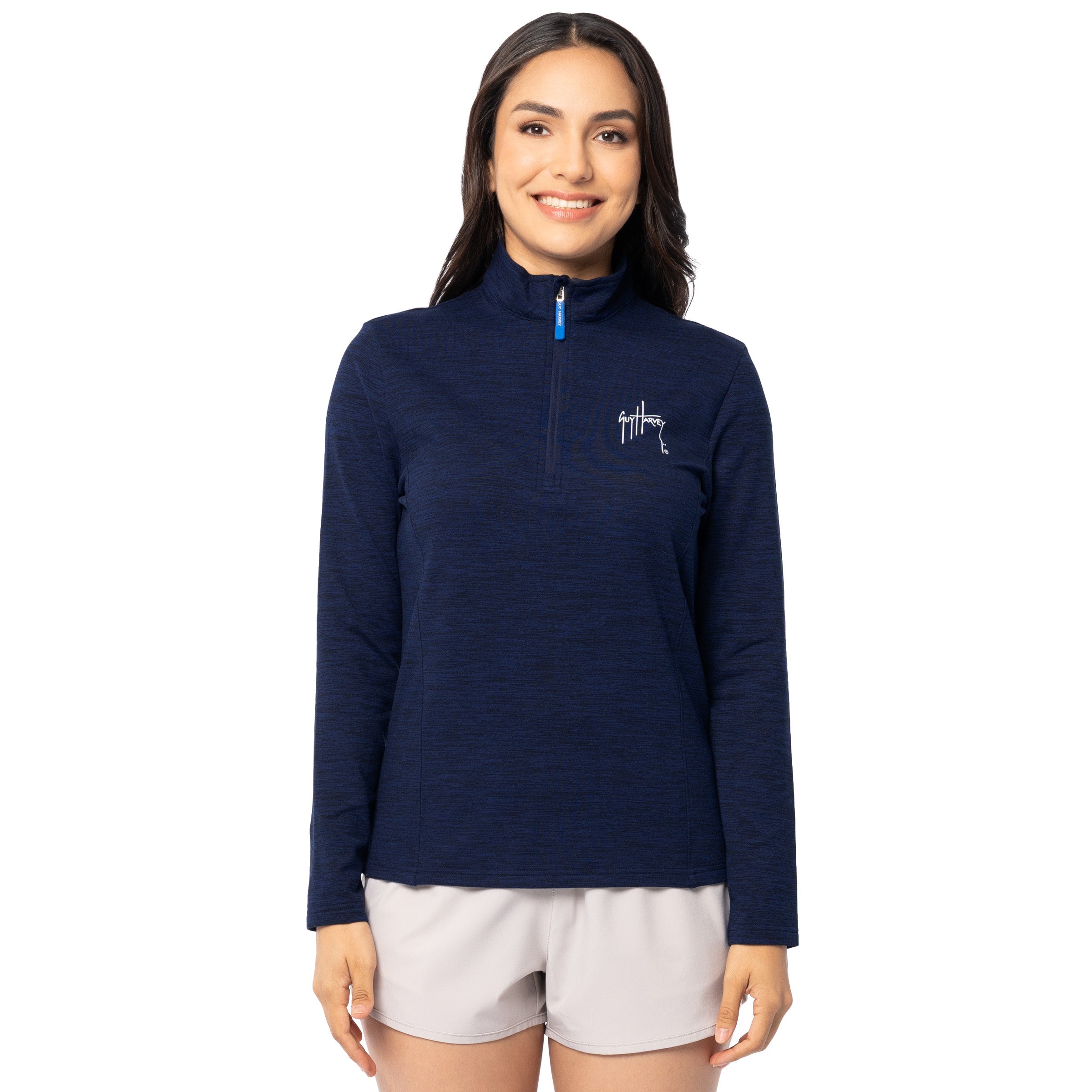 Front view of woman wearing Guy Harvey Women’s Navy Fleece Quarter Zip Pullover