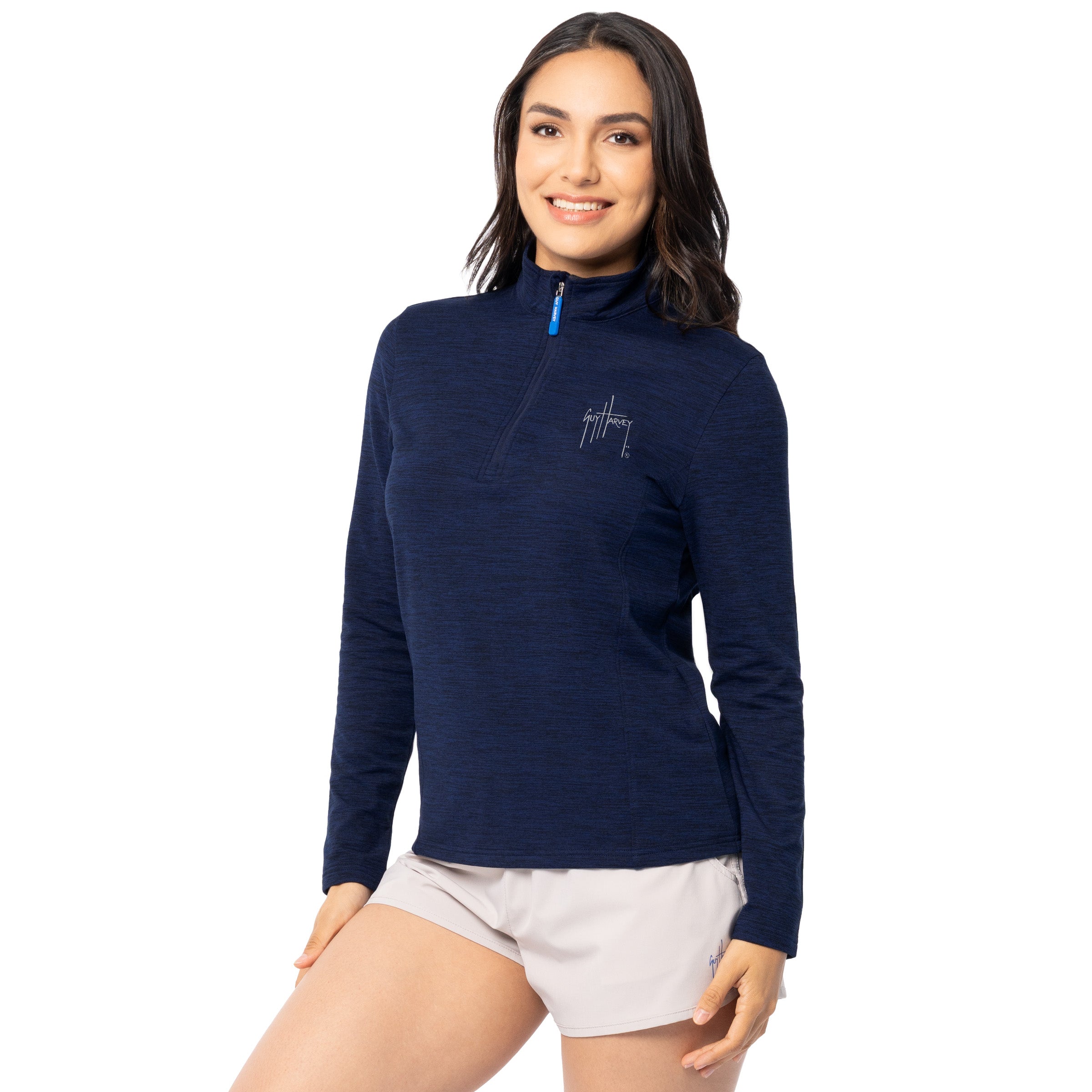 Side profile of pullover showing fit and high collar design