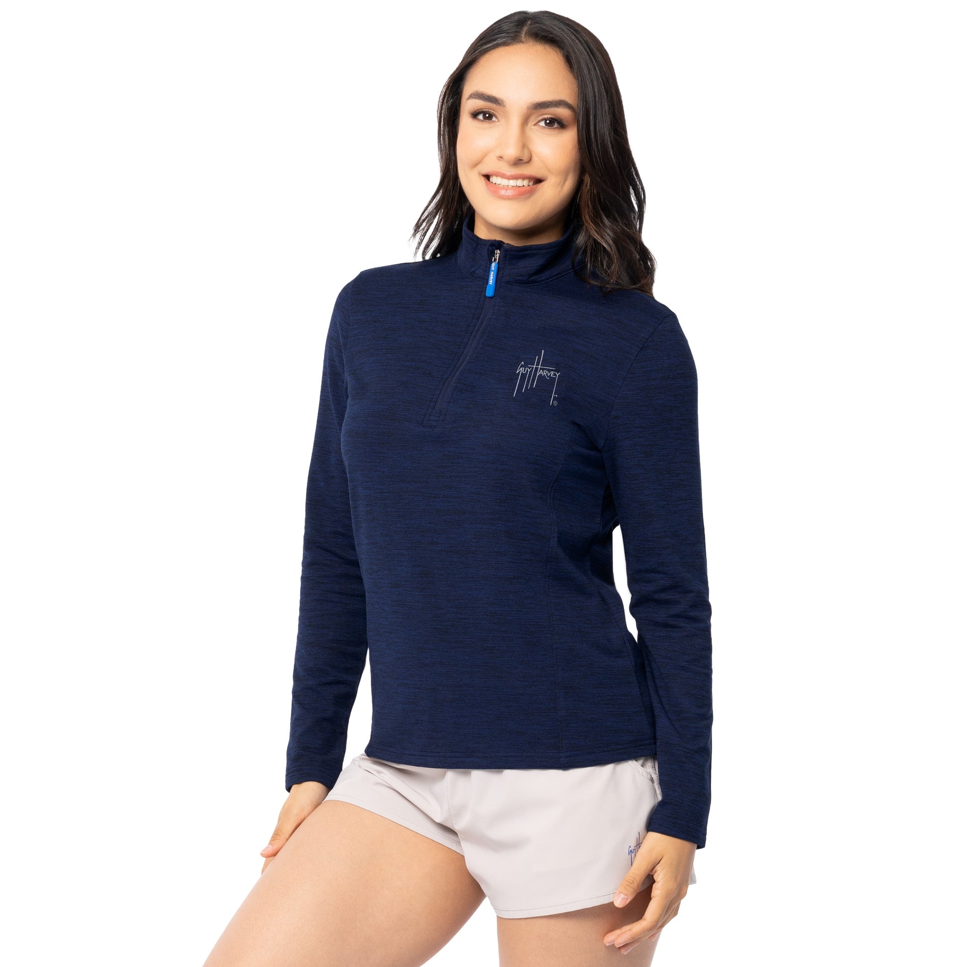 Side profile of pullover showing fit and high collar design