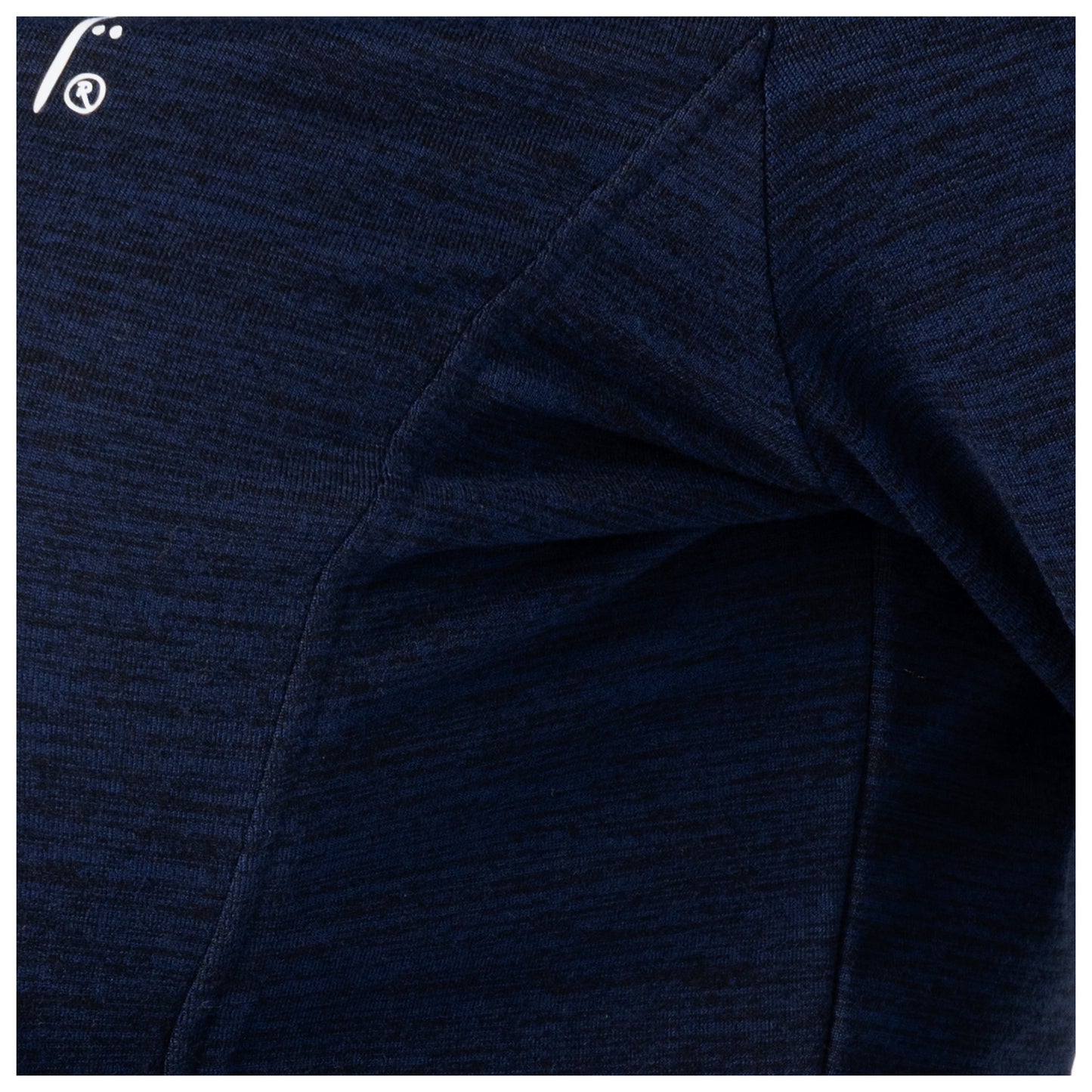Side seam stitching close-up on navy fleece pullover