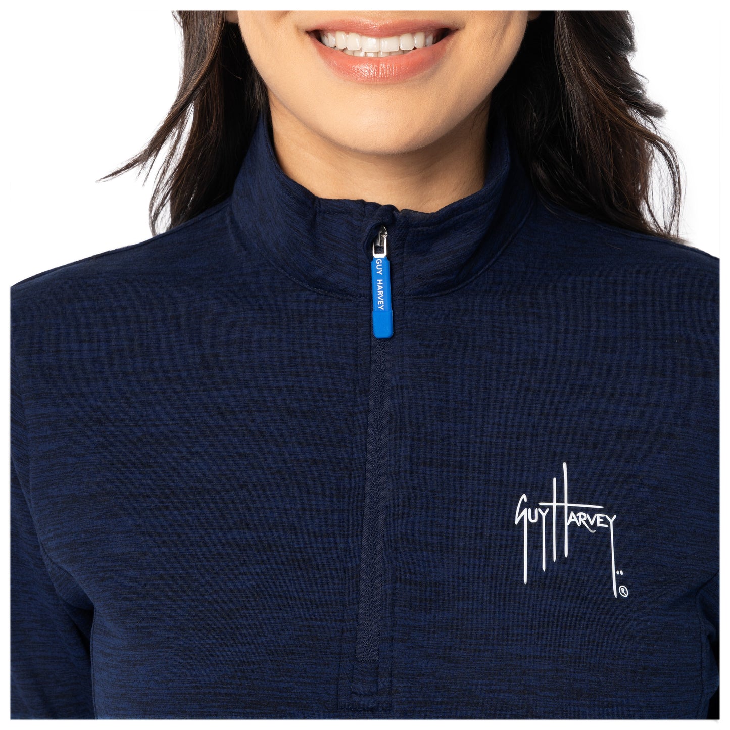 Close-up of collar and zipper with Guy Harvey logo detail