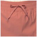 Close-up of dusty rose drawstring fishing skorts showing the elastic waistband and matching drawstring tie.