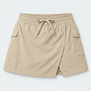 A beige wrap-style fishing skort with an elastic waistband, drawstring, and side technical pockets, shown flat against a light gray background.