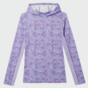 A flatlay image of the Guy Harvey Marlin Air sun protection hood in a purple ocean topographical print.
