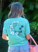 A woman from the back in a teal tshirt