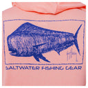 Close-up of Guy Harvey Boxed Mahi artwork on performance fishing hoodie.