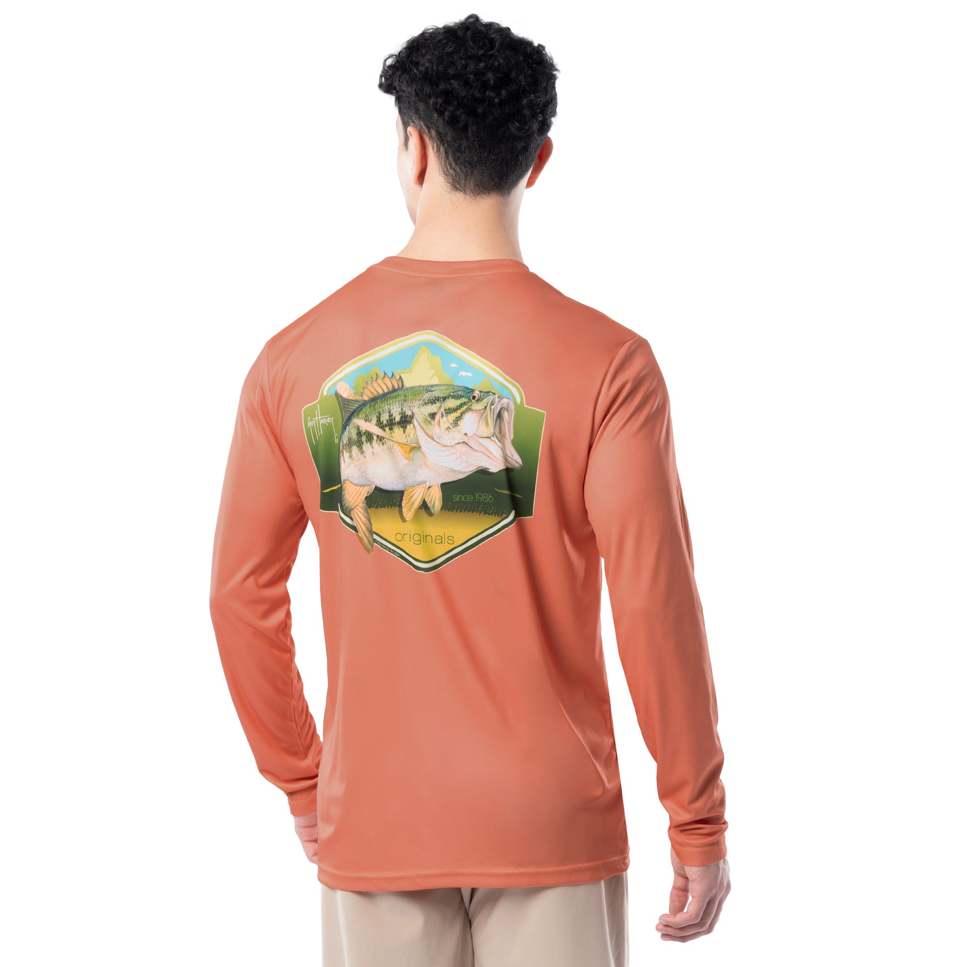 Back view of Guy Harvey Men’s Bass Performance Top with largemouth bass shield artwork and Guy Harvey logo