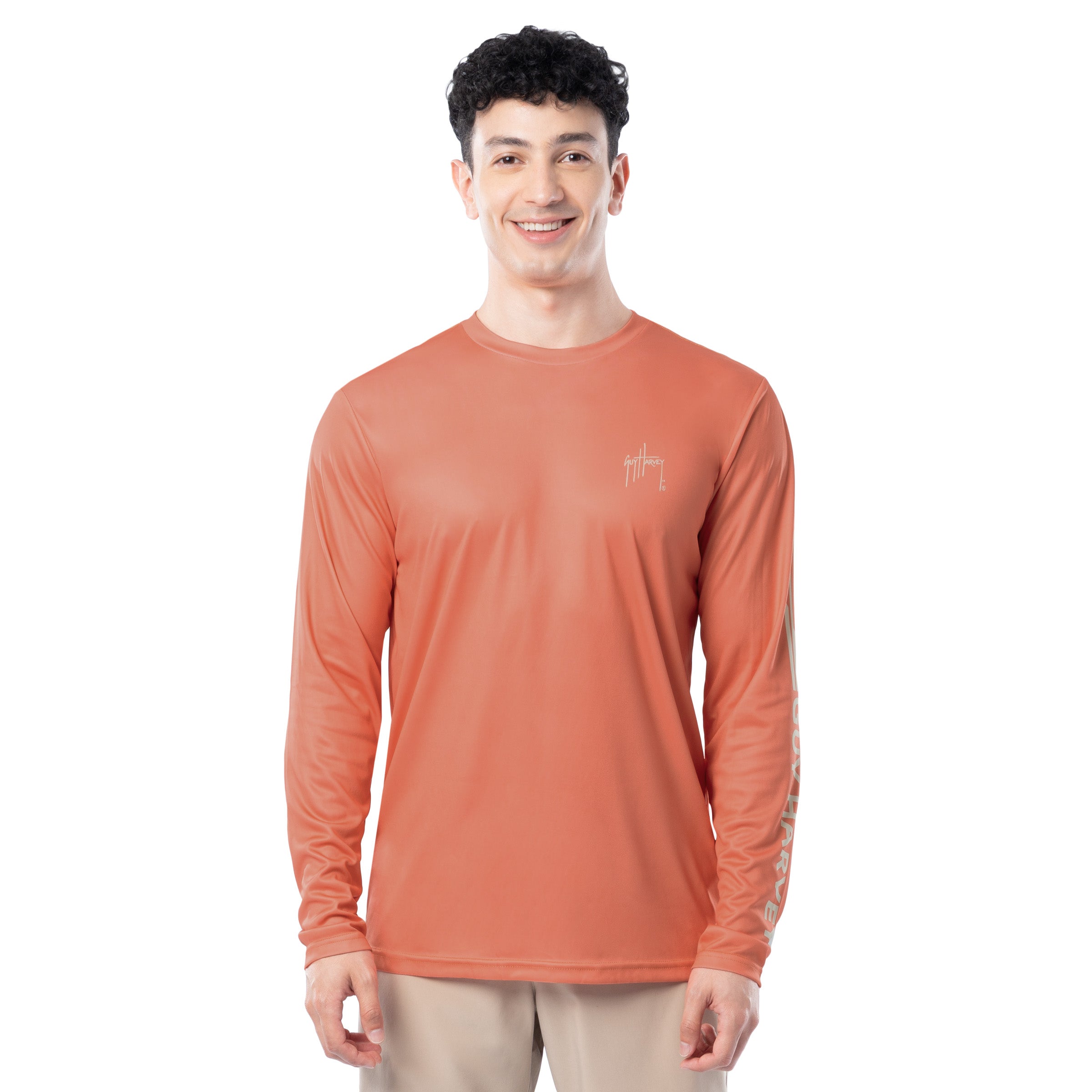 Front view of Guy Harvey Men’s Bass Performance Sun Protection Long Sleeve Top in burnt orange