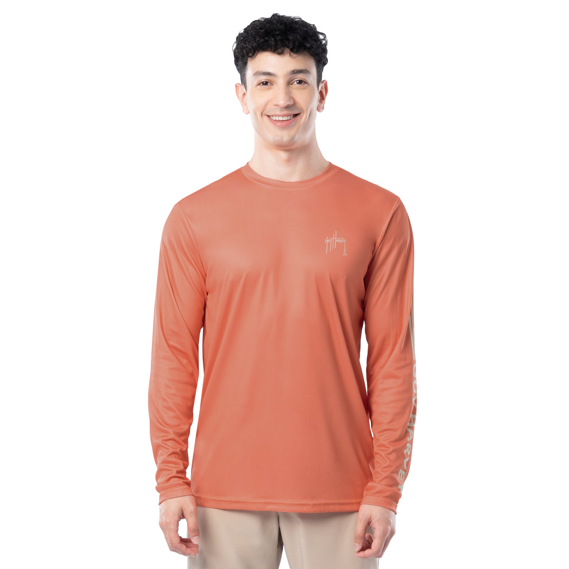 Front view of Guy Harvey Men’s Bass Performance Sun Protection Long Sleeve Top in burnt orange
