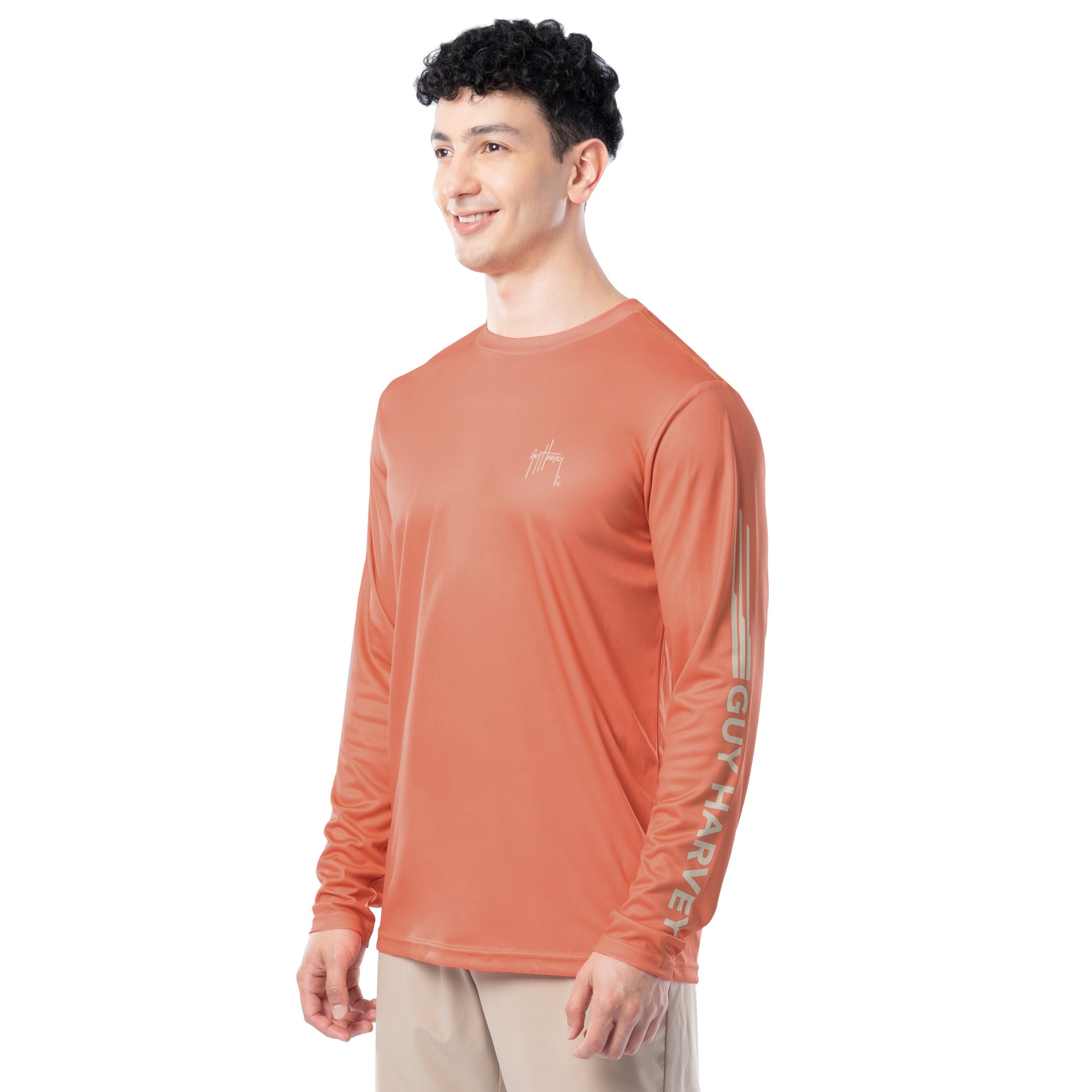 Side profile of Guy Harvey Men’s Bass Performance Sun Protection Shirt showing athletic fit