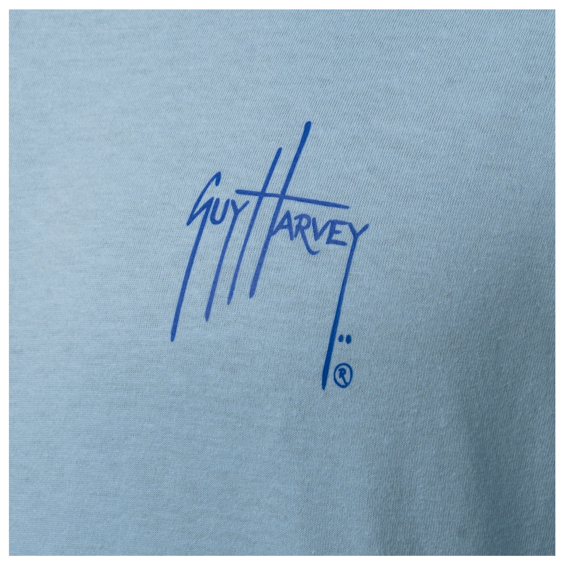 Close-up of chest Guy Harvey signature logo on Men’s Blue Hawaiian Long Sleeve Tee