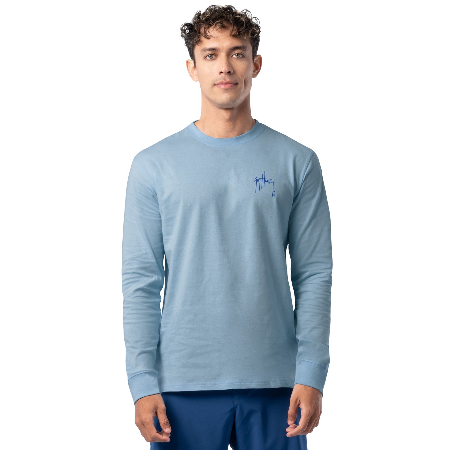 Front view of Guy Harvey Men’s Blue Hawaiian Lightweight Long Sleeve T-Shirt in light blue