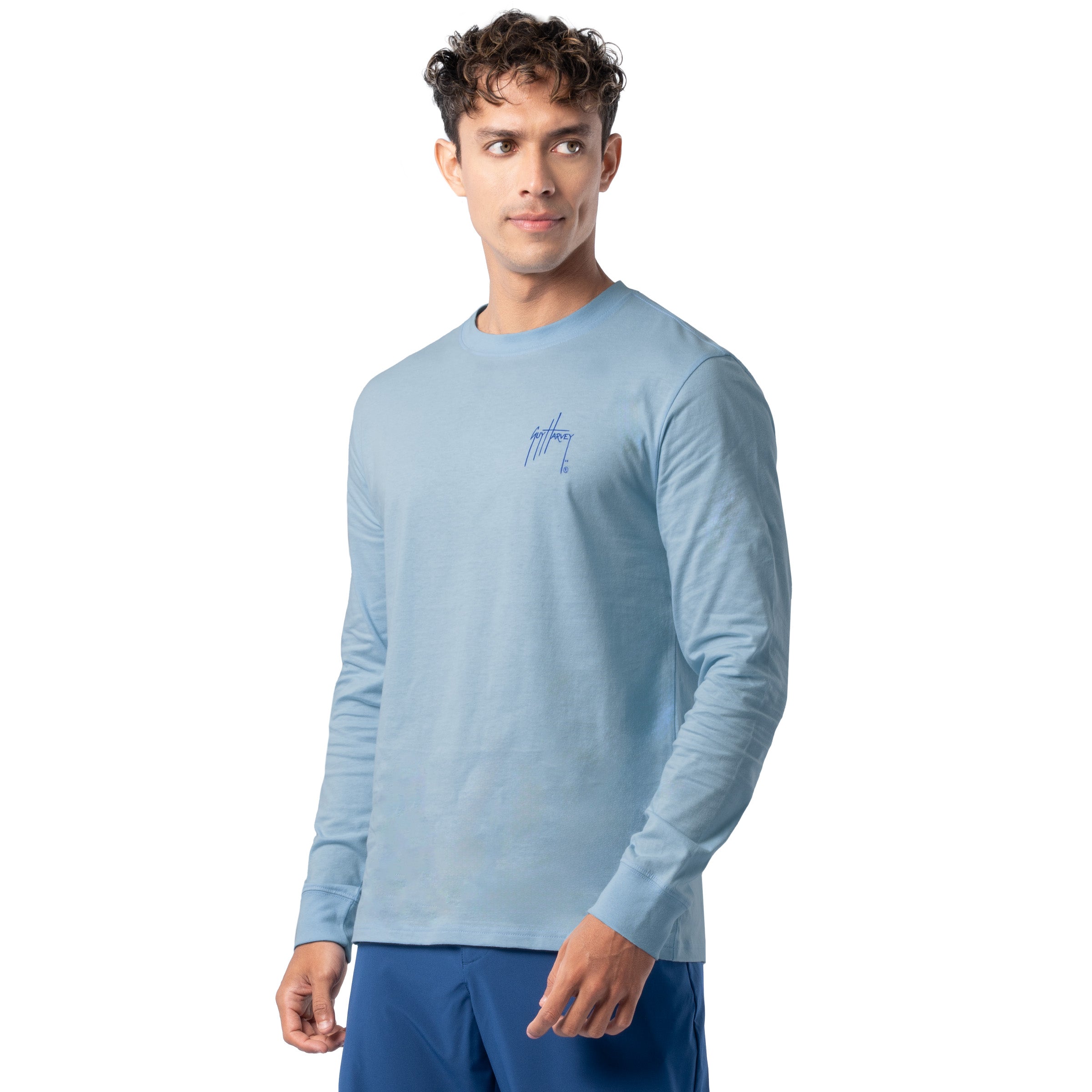 Side profile of Guy Harvey Men’s Blue Hawaiian Lightweight Long Sleeve Cotton T-Shirt showing fit
