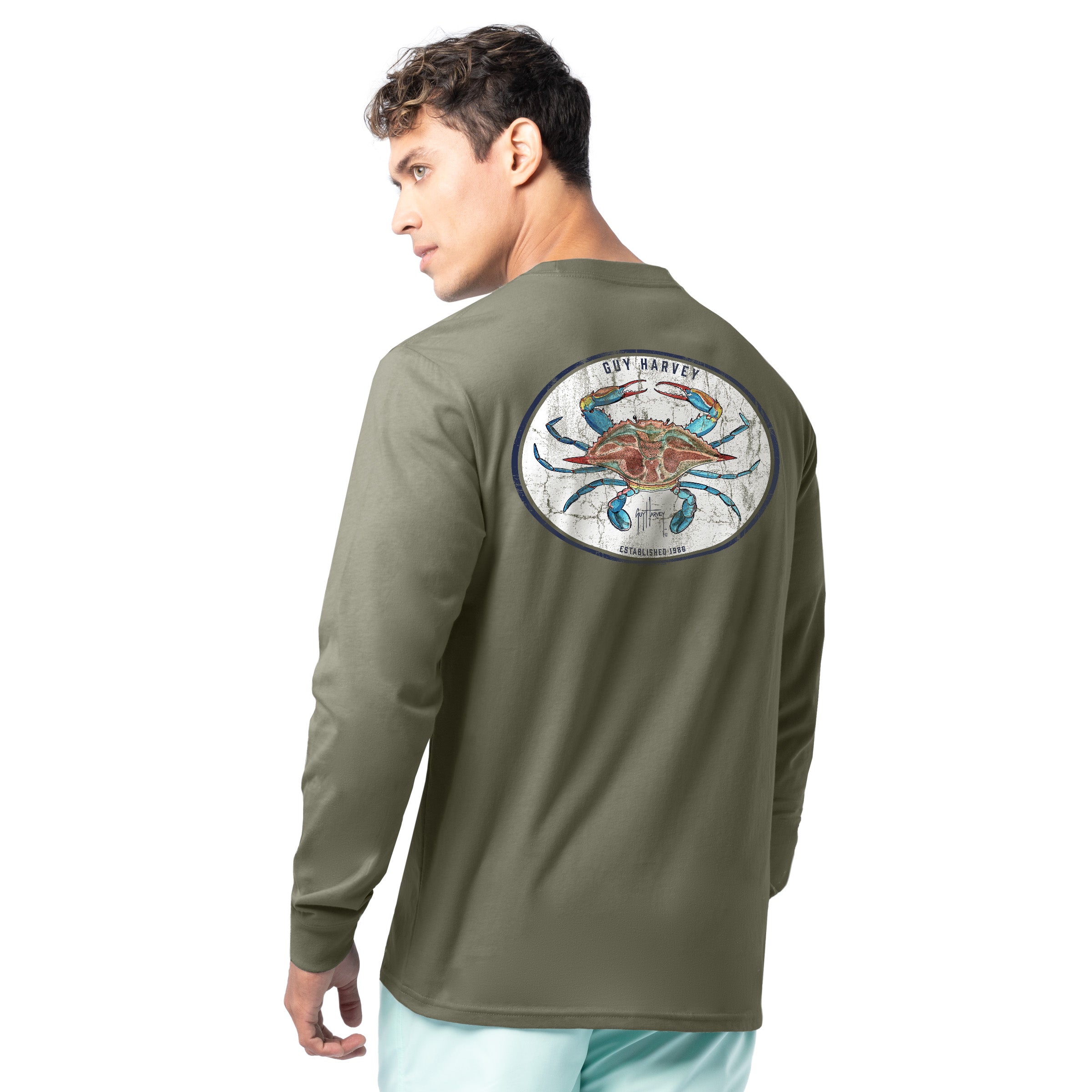 Back view of Guy Harvey Men’s Crab Stamp Long Sleeve Tee with detailed crab artwork framed in circular stamp design