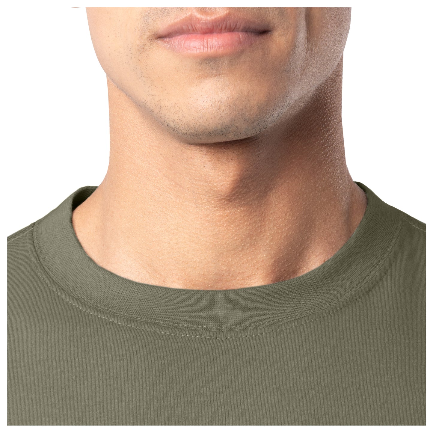 Close-up on the neck collar of the olive green shirt with a plain background
