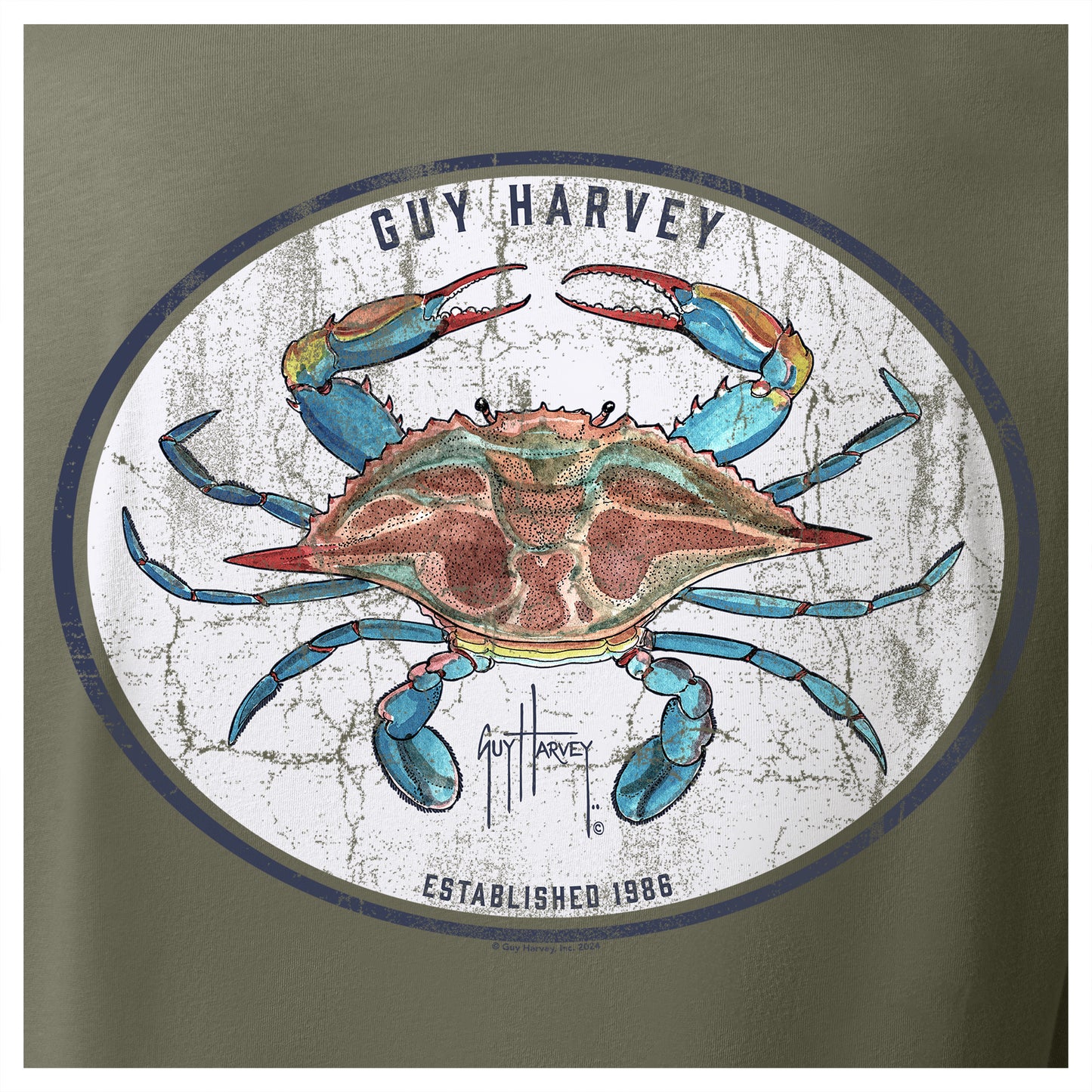 Detailed view of crab stamp artwork on back of Guy Harvey Men’s Long Sleeve T-Shirt