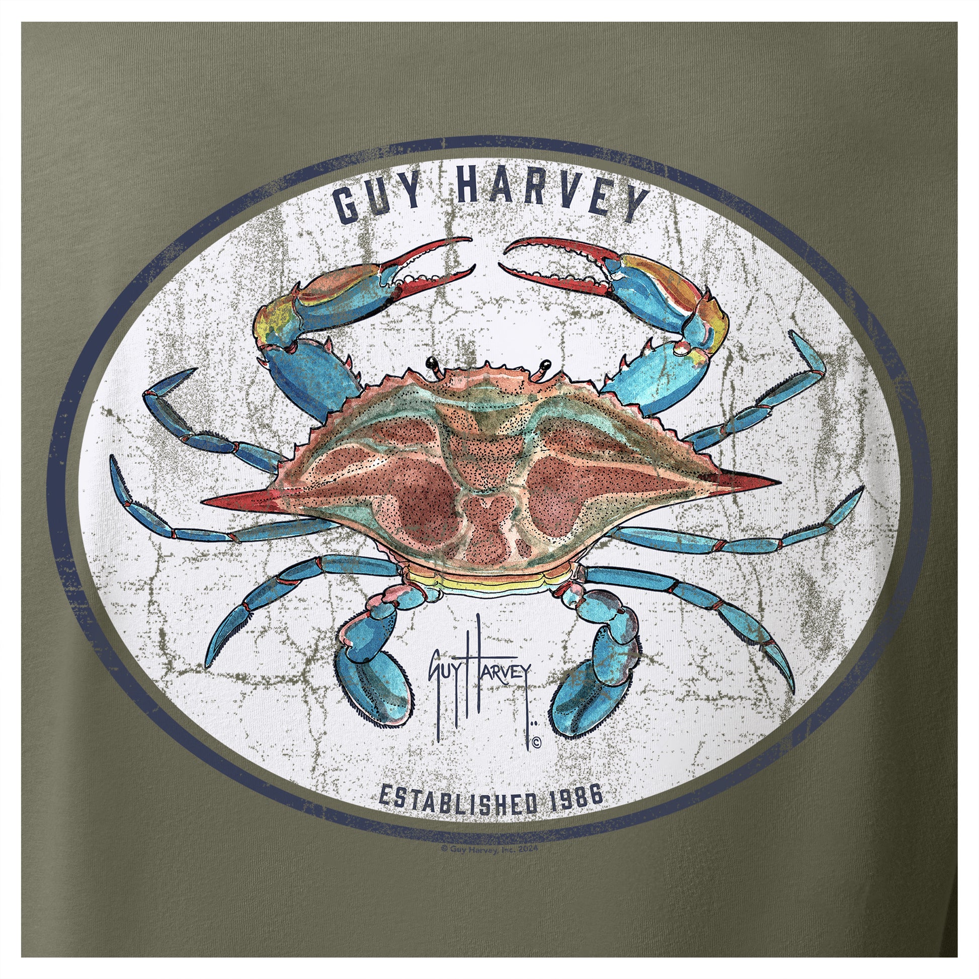 Detailed view of crab stamp artwork on back of Guy Harvey Men’s Long Sleeve T-Shirt