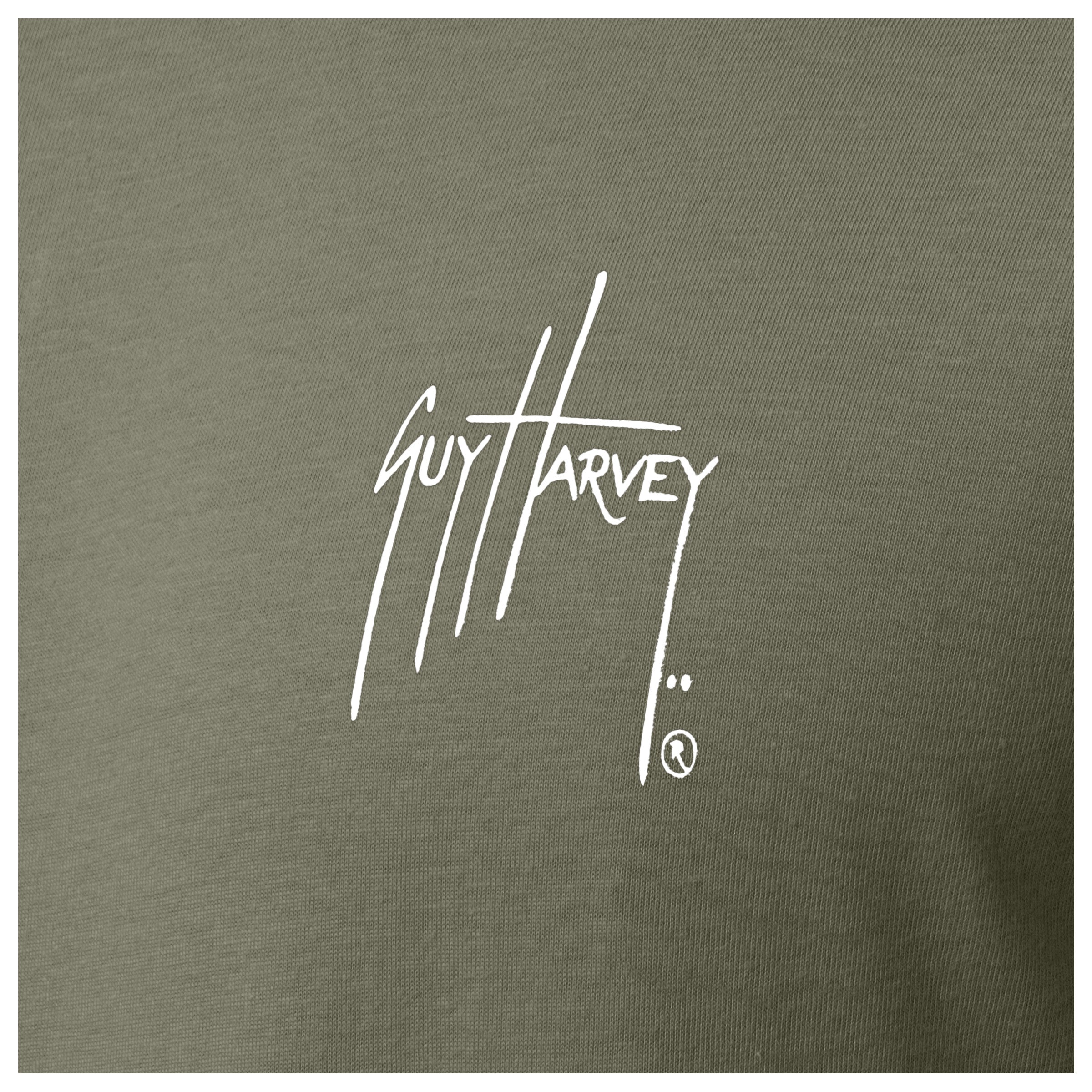 Close-up of chest Guy Harvey signature logo on Men’s Crab Stamp Long Sleeve Tee