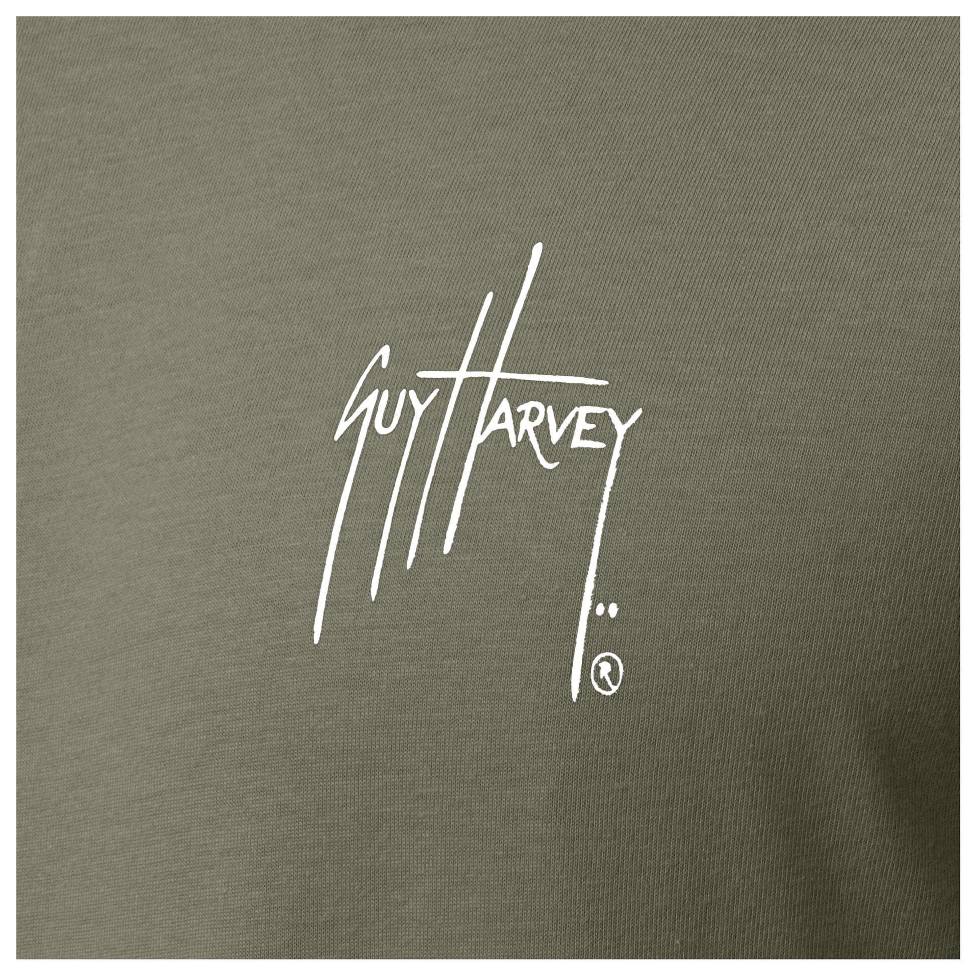 Close-up of chest Guy Harvey signature logo on Men’s Crab Stamp Long Sleeve Tee