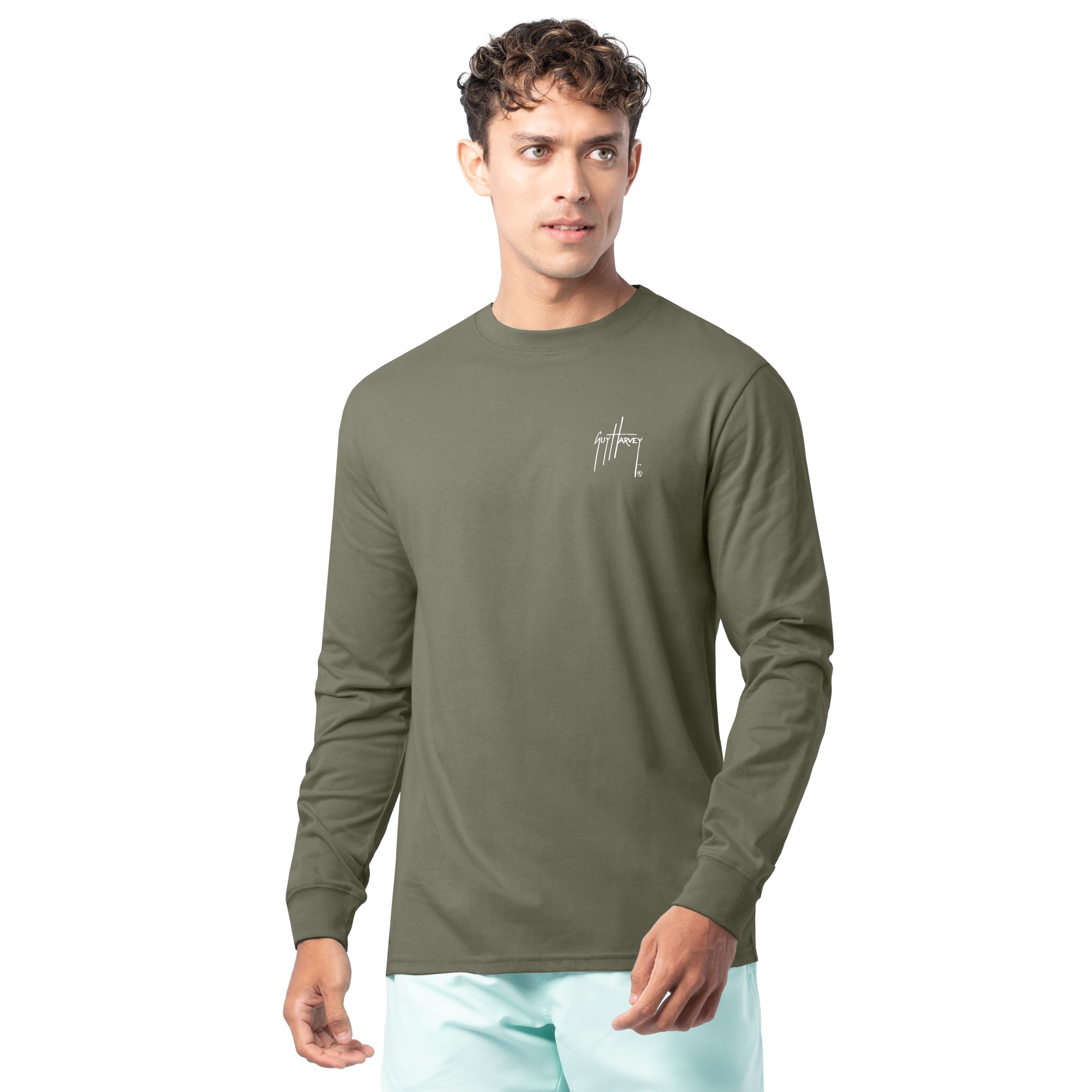 Front view of Guy Harvey Men’s Crab Stamp Lightweight Long Sleeve T-Shirt in olive green