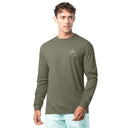 Front view of Guy Harvey Men’s Crab Stamp Lightweight Long Sleeve T-Shirt in olive green
