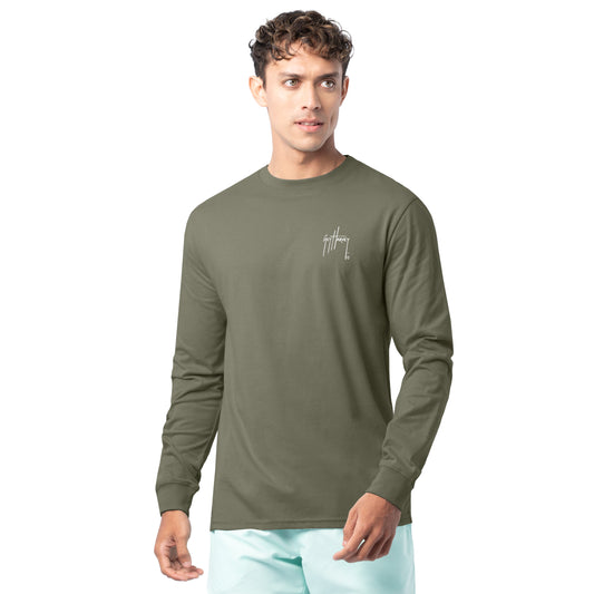 Front view of Guy Harvey Men’s Crab Stamp Lightweight Long Sleeve T-Shirt in olive green
