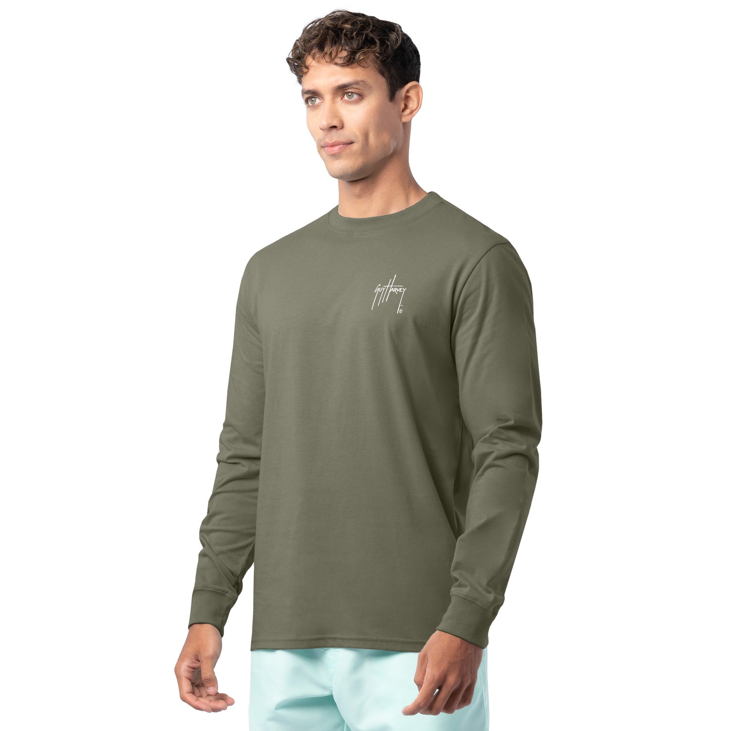 Side profile of Guy Harvey Men’s Crab Stamp Lightweight Long Sleeve Cotton T-Shirt showing fit
