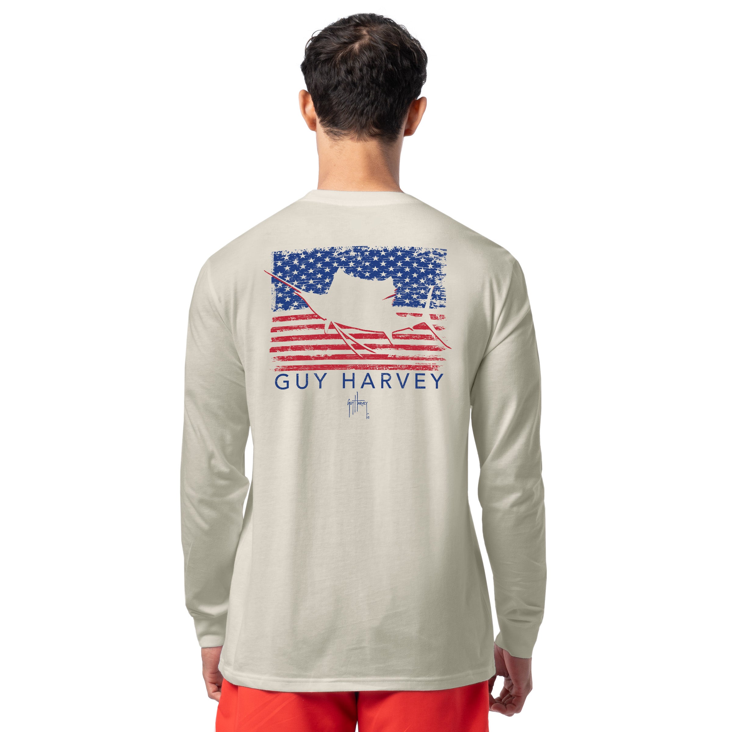 Back view of Guy Harvey Men’s Glory Sail Long Sleeve Tee with patriotic sailfish and American flag artwork