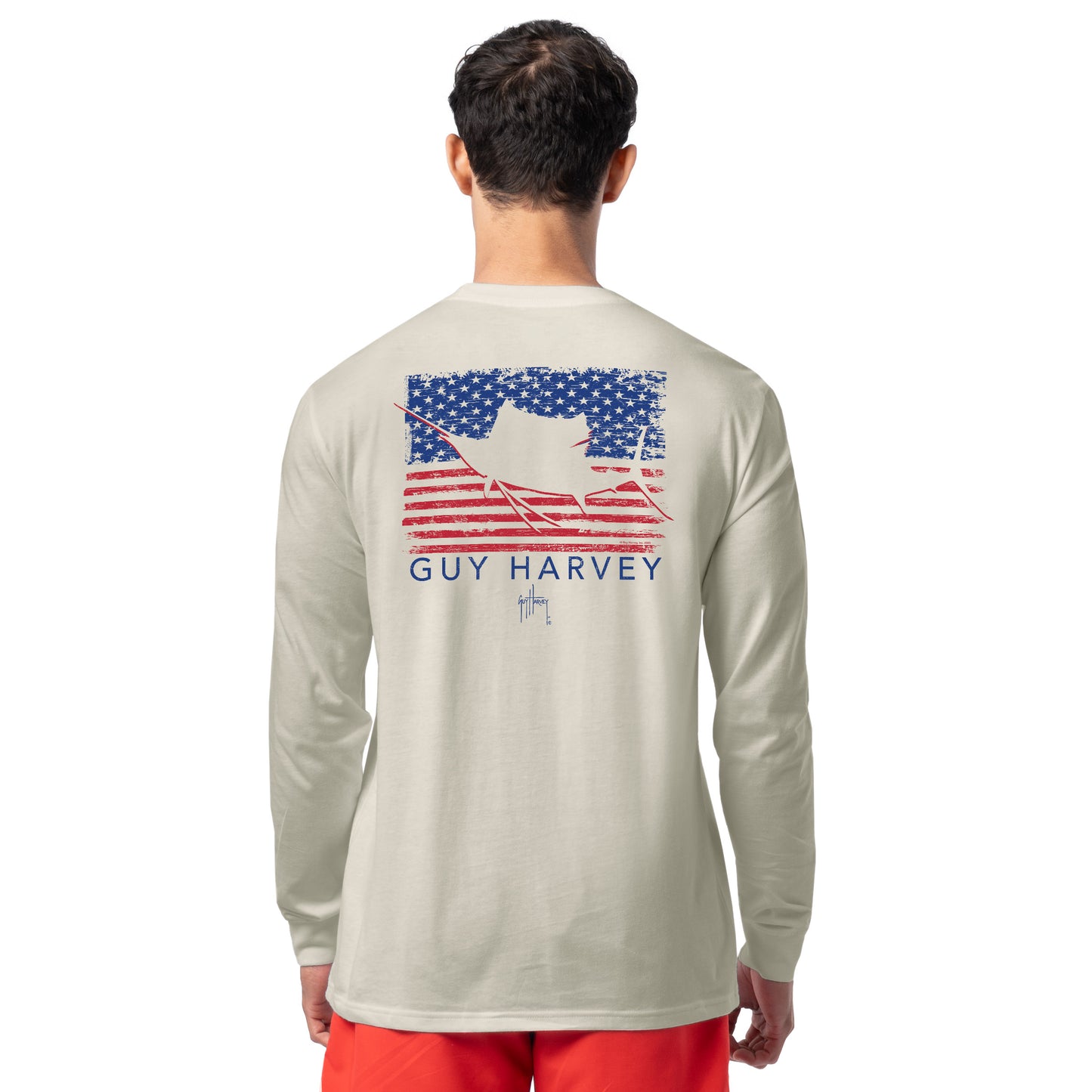 Back view of Guy Harvey Men’s Glory Sail Long Sleeve Tee with patriotic sailfish and American flag artwork