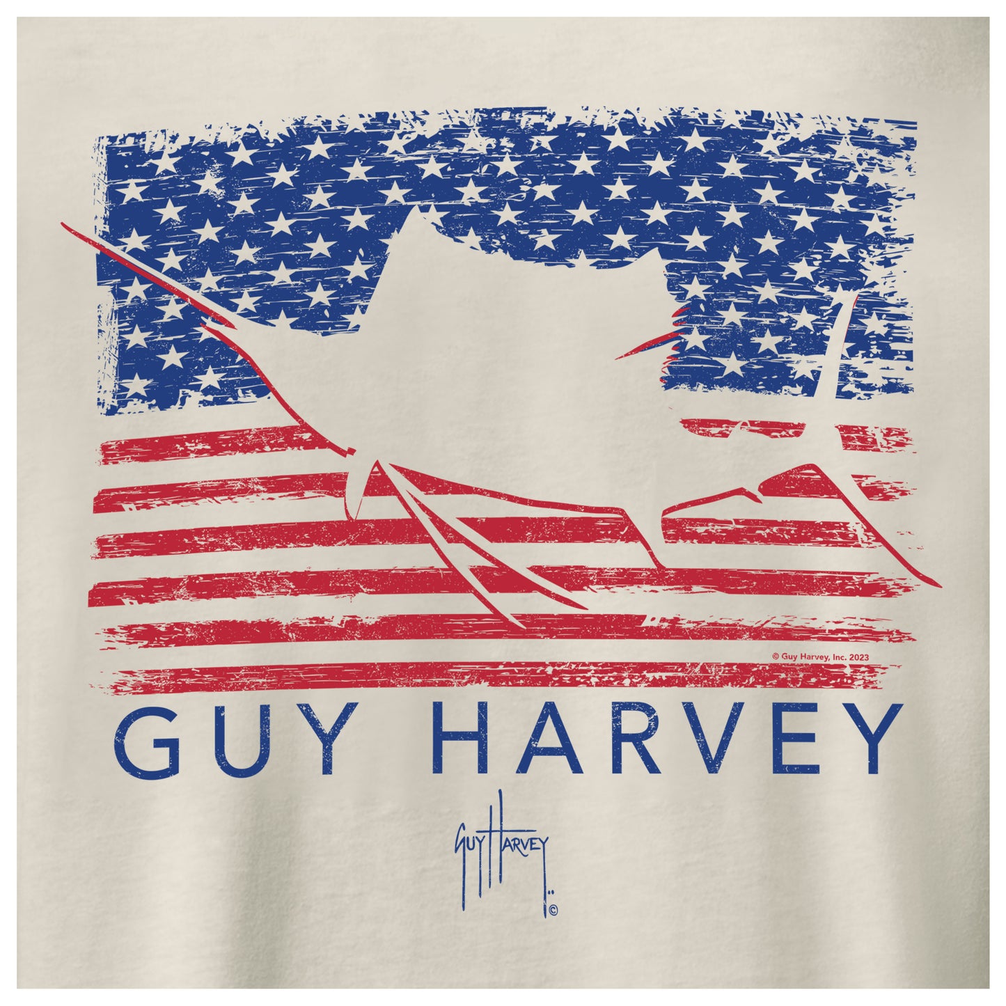 Detailed view of patriotic sailfish and American flag artwork on back of Guy Harvey Men’s Long Sleeve T-Shirt
