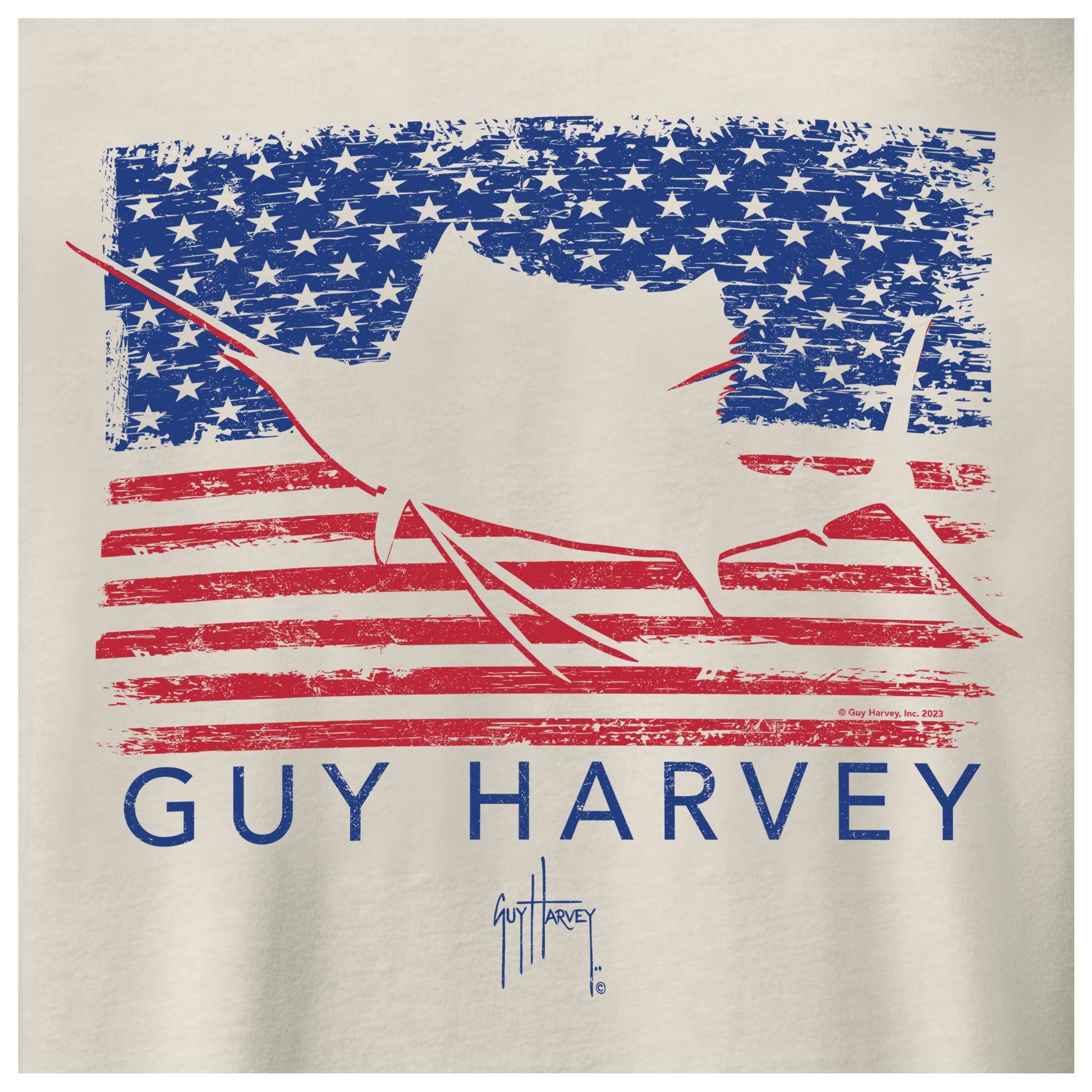 Detailed view of patriotic sailfish and American flag artwork on back of Guy Harvey Men’s Long Sleeve T-Shirt