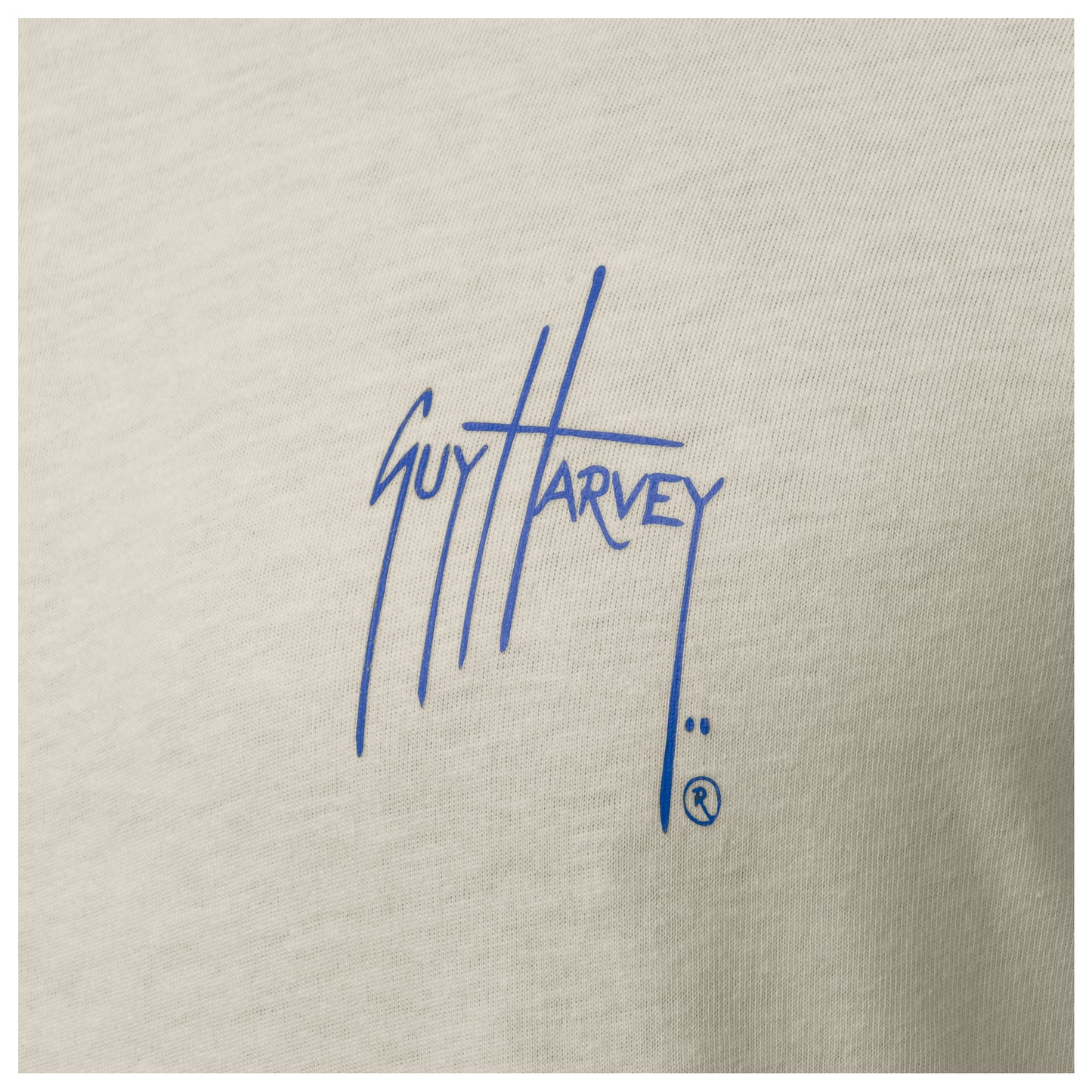 Close-up of chest Guy Harvey signature logo on Men’s Glory Sail Long Sleeve Tee