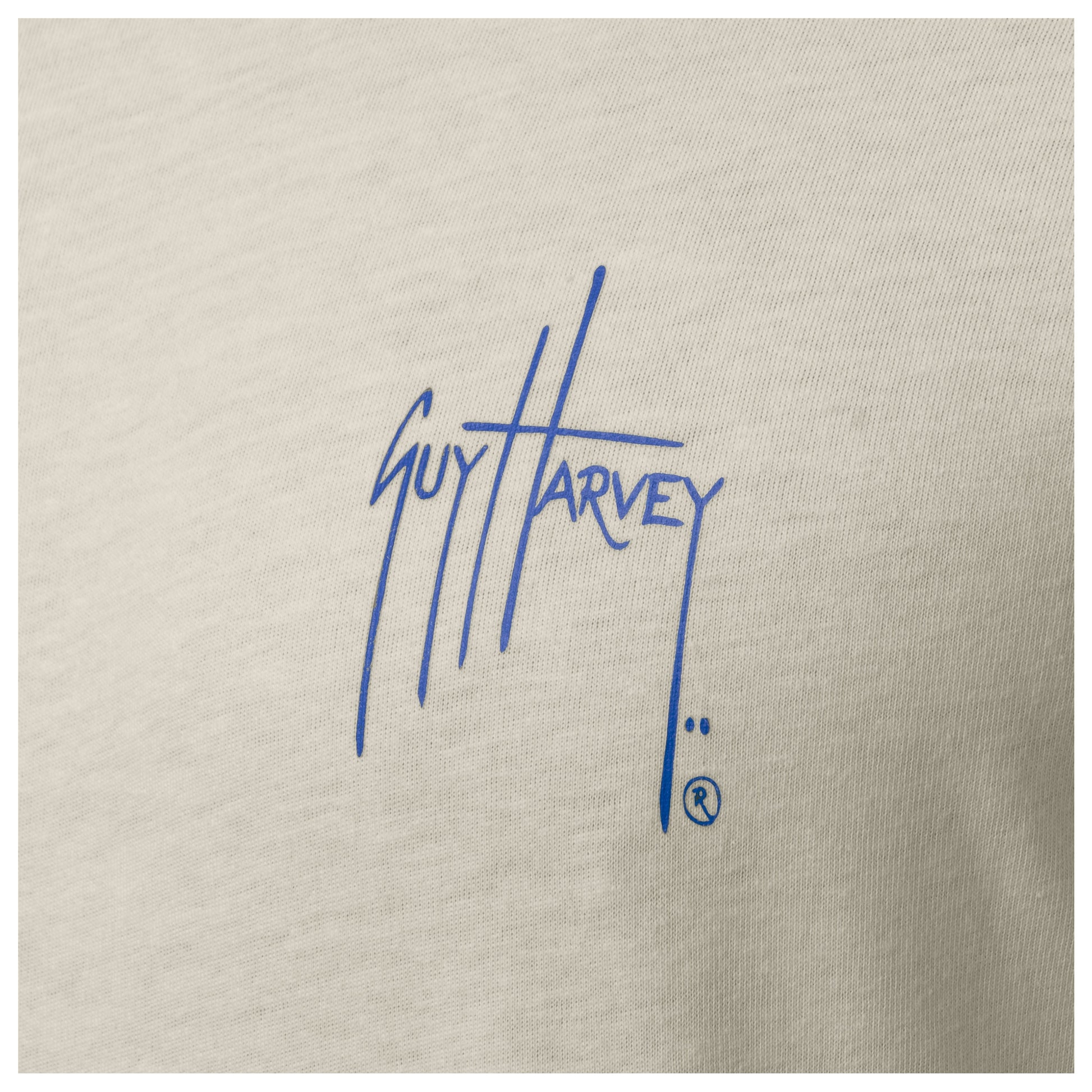 Close-up of chest Guy Harvey signature logo on Men’s Glory Sail Long Sleeve Tee