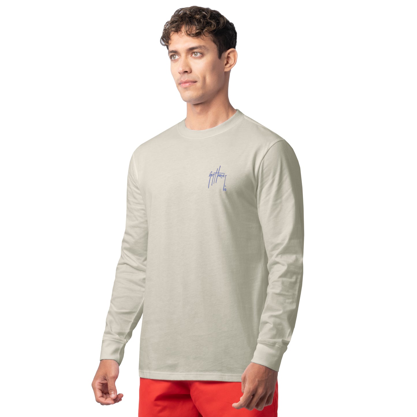 Side profile of Guy Harvey Men’s Glory Sail Lightweight Long Sleeve Cotton T-Shirt showing fit