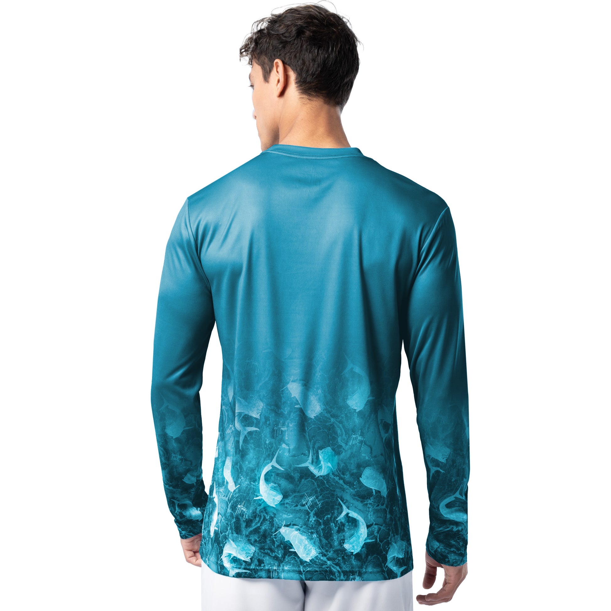 Back view of Guy Harvey Men’s Mahi Bros Fade Blue Performance Top with fade design and mahi-mahi underwater artwork
