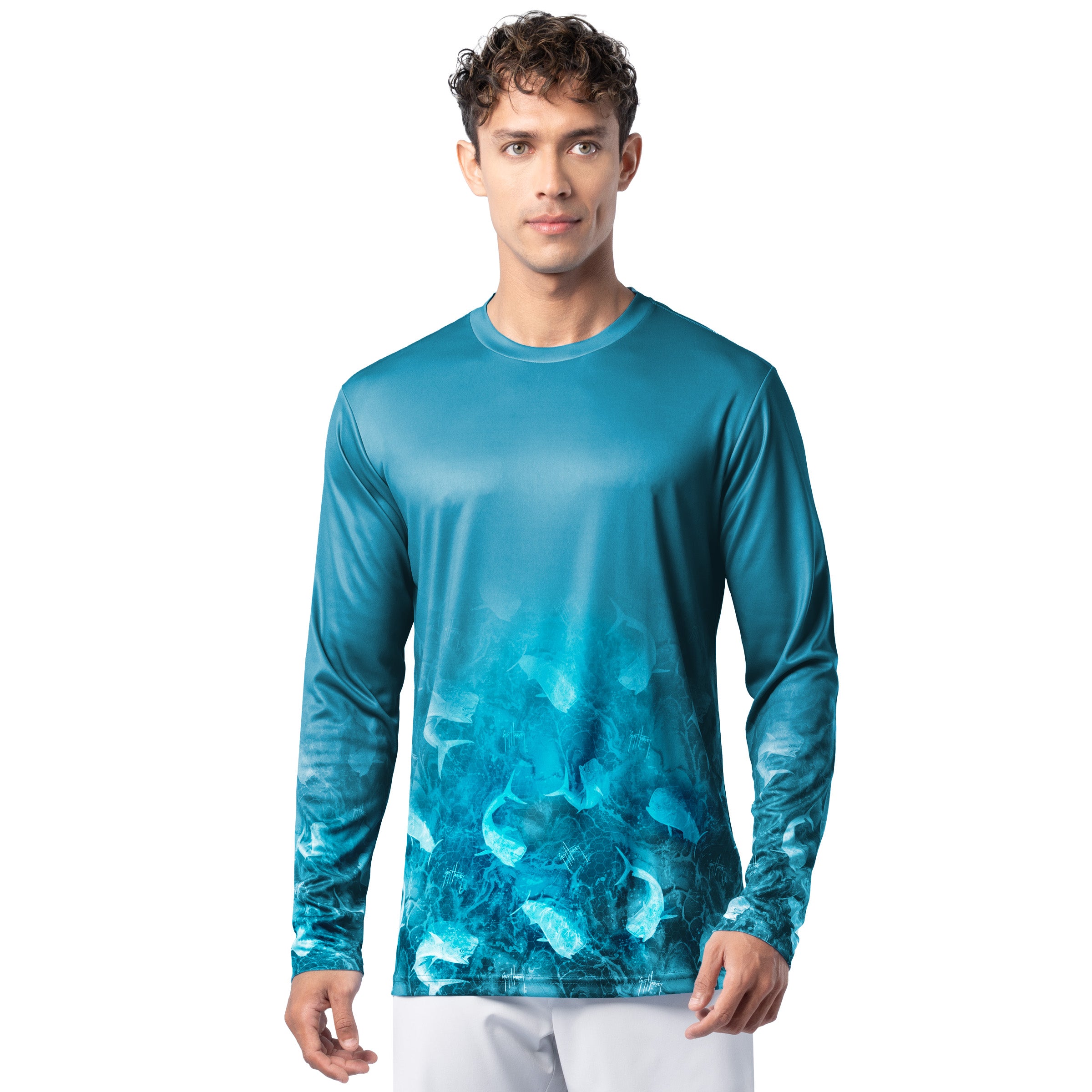Front view of Guy Harvey Men’s Mahi Bros Fade Blue Performance Sun Protection Long Sleeve Top