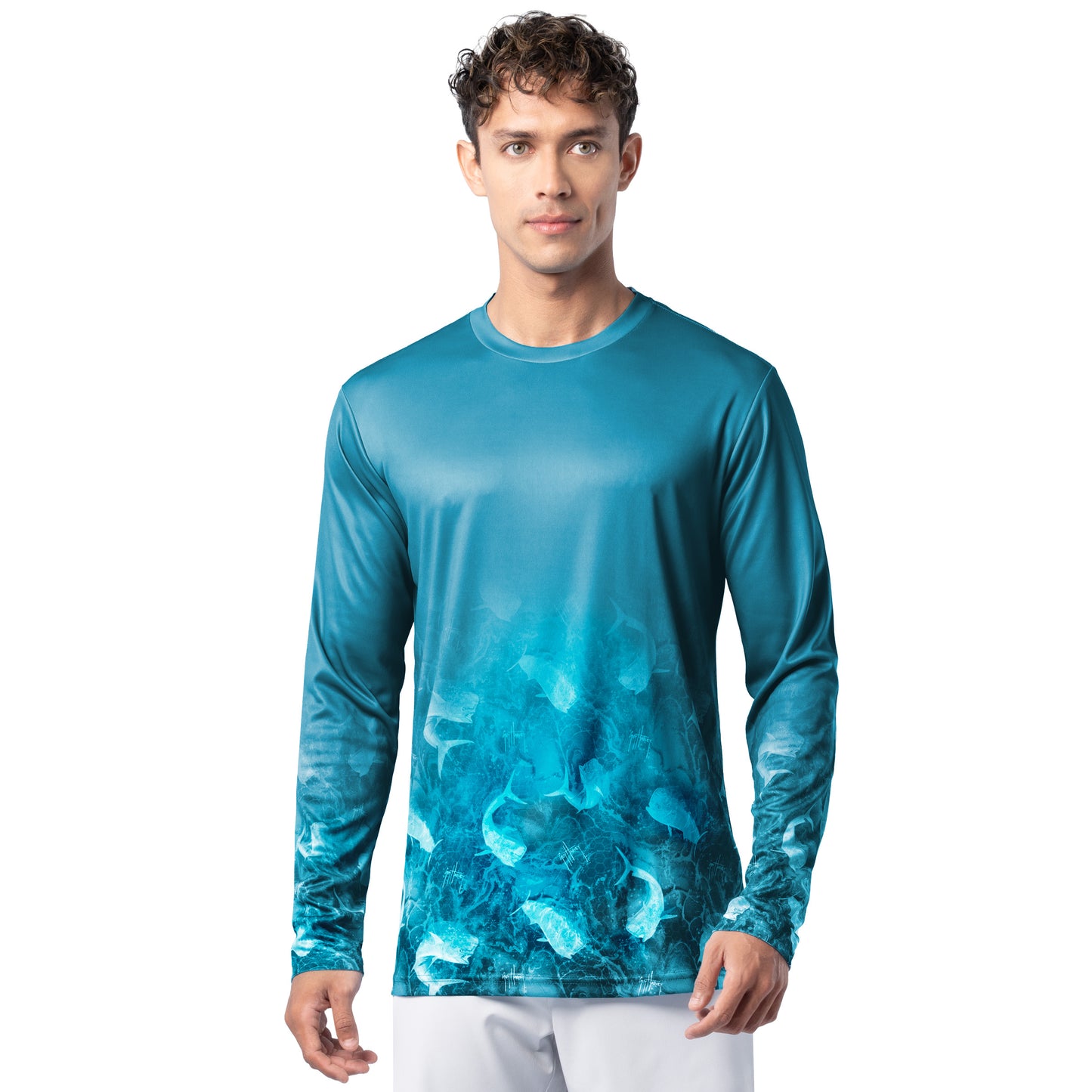 Front view of Guy Harvey Men’s Mahi Bros Fade Blue Performance Sun Protection Long Sleeve Top